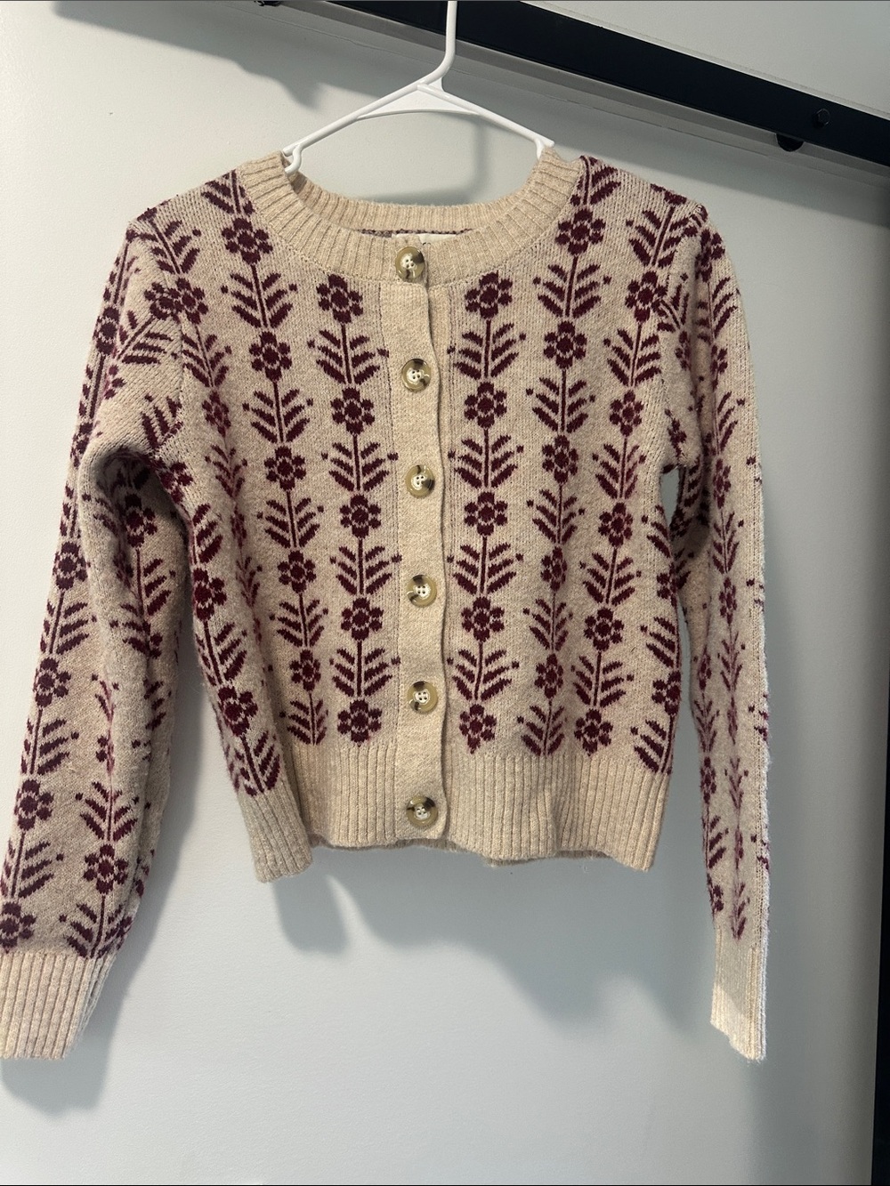 Francesca’s Cream & Burgundy Floral Knit Button-Up Sweater Cardigan